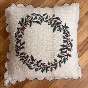 Holiday Wreath Embroidered Pillow - Cream and Green